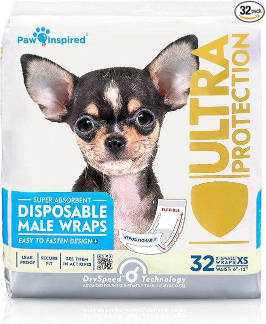 Paw Inspired Male Dog Wraps, Disposable Dog Diapers | Belly Bands for Small, Medium, Large Dogs (32 Count, Size X-Small)
