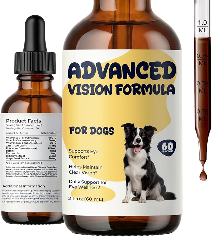 Advanced Vision Formula for Dogs, Supports Clear Vision, Daily Eye Comfort Wellness, Liquid Dog Eye Health Supplement with Lutein, Zeaxanthin, Bilberry, Vitamins A C E & Zinc, 2 fl oz