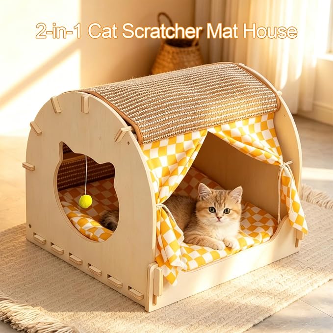 VARMTOR Cat Scratcher House, Cat Cave Wood, Cat Hiding Box Modern Kitten Bed with Scratch Pad and Fluffy Ball, Wooden Frame with Cushion and Curtains (M, Semicircle)