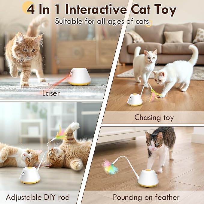 3 in 1 Interactive Cat Toys for Indoor Automatic Cat Laser Toy with Removable Feather Toy,3 Self Moving Modes, Smart Standby, USB Powered,Rubber Wheels Automatic Kitten