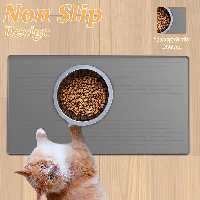 32"x24" Large Silicone Pet Feeding Mat, Waterproof Non-Slip Dog and Cat Bowl Mat for Food & Water, Durable Floor Protector to Prevent Spills, Easy to Clean, Light Gray
