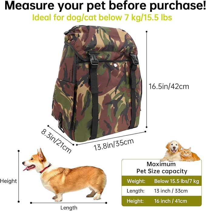 Cat Dog Backpack Carrier for Hiking Travel Portable Pet Daypack for Dog Cat Below 7kg/15.5lbs -Camouflage Olive