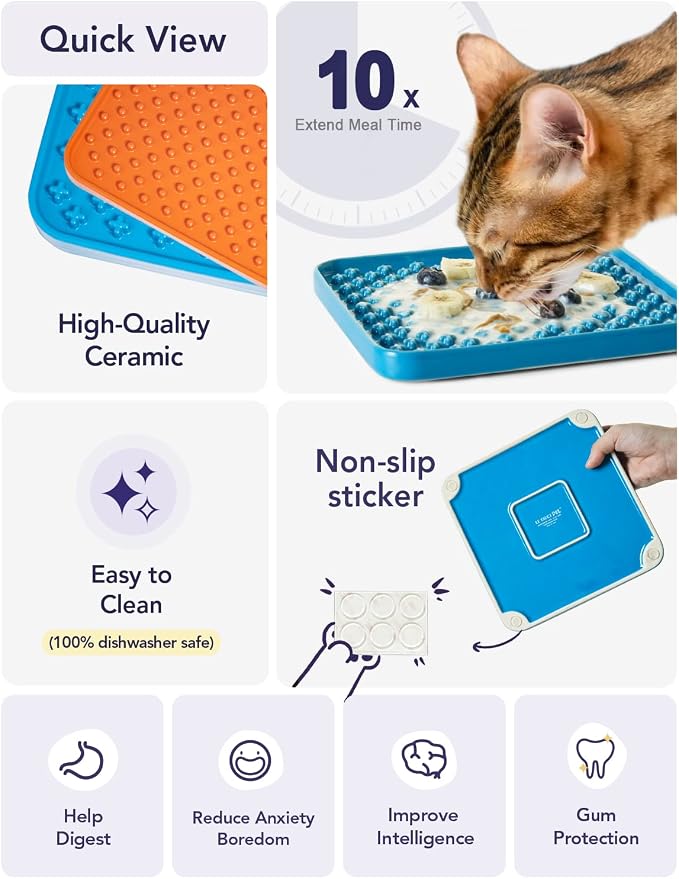 LE TAUCI PET Slow Feeder Dog Bowl, 7.5 Inch Lick Mat for Medium and Large Breed, Anxiety Relief Licking Mat, Puzzle Feeder for Peanut Butter, Treats, Pet Enrichment Toys, Set of 2, Blue and Orange