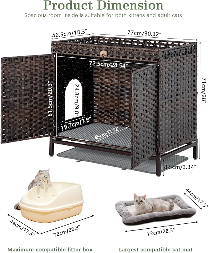 SETVSON Cat Litter Box Enclosure Furniture, Hidden Handwoven Rattan Litter Box with Mat, Large Cat House with Metal Heightened Feet, 30.3 x 18.3 x 28 Inches, Indoor for Living Room, Bedroom Brown