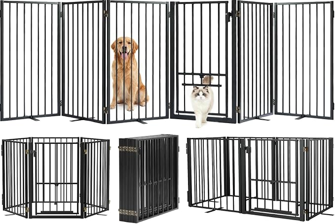 Metal Freestanding Dog Gate with Cat Door for Outdoor & Indoor,34" Tall Foldable Pet Fence,120" Extra Wide Dog Gate for RV Camping,Stairs,Hallways,Doorways,Deck,Yard,with 5PCS Support(6 Panels,Black)