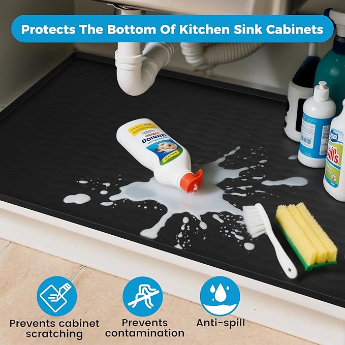 URMONA 31'' x 22'' Waterproof Silicone Under Sink Mat Cabinet and Counter Protector, Shelf Liner for Kitchen and Bathroom, Storage and Organizers, Litter Mat, Pet Cat Puppy Essentials(Khaki)