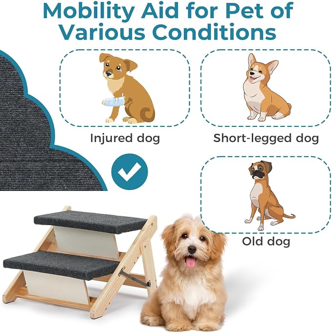 MEWANG Wood Pet Stairs & Ramp for Small/Medium Dogs and Cats, Aging Pets – 2-in-1 Foldable, Portable, Non-Slip Pet Ladder for Tall Beds, Couches,Cars–Holds Up to 220 lbs (17.3" L x 17.2" W x 13.0" H)