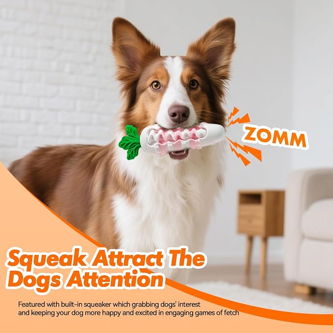 Indestructible Carrot Dog Toy for Aggressive Chewers - Tough Natural Rubber Chew Toy for Boredom, Interactive Treat Toy for Mental Stimulation - Durable Squeaky Toy for Small & Medium Dogs