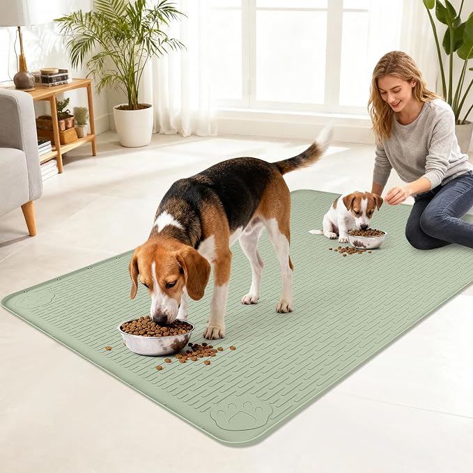 Dog Food Mat, 40" x 28" Large Silicone Mat Dog Feeding Mat with Raised Edge Non-Slip Pet Feeding Mat for Food and Water Bowl, Easy to Clean, Floor Protection (Green)