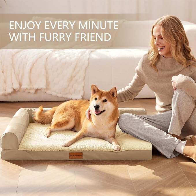 Patas Lague Orthopedic Dog Bed Large Sized Dog 36''X24'', Waterproof L Bolster Medium Pet Sofa Beds with Removable Washable Cover, Soft Pet Couch Crate Mat with Nonskid Bottom, Beige