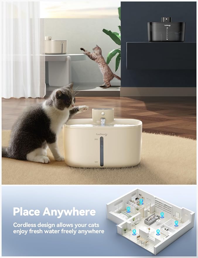 Pumpless Wireless Cat Water Fountain, FEELNEEDY 4L Battery Operated Pet Water Fountain for Cats Indoor, Motion Sensor Cat Drinking Fountain (Beige with 1Pack Filters)