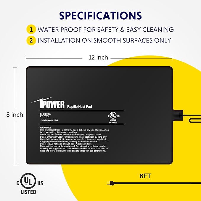 iPower Reptile Heat Pad 8 by12 Inch Under Tank Terrarium Warmer 16W Heating Mat for Turtle, Lizard, Frog, Snake, Hermit Crab and Other Small Animals