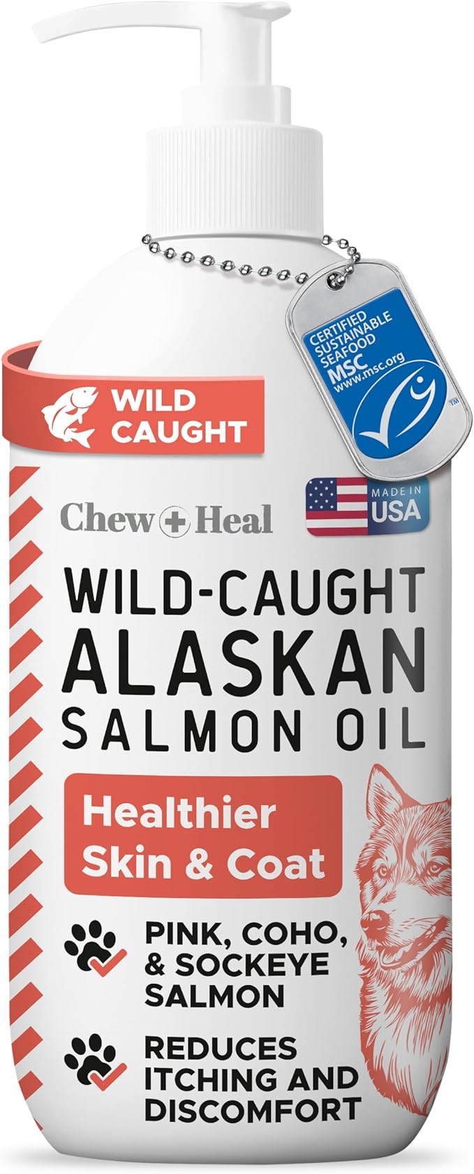Wild Alaskan Salmon Oil for Dogs & Cats 16 oz - Omega 3 Dog Fish Oil, EPA DHA for Skin & Coat, Itch Relief, Joint and Heart Health - MSC Certified, Made in USA, Pump Bottle - Chew + Heal