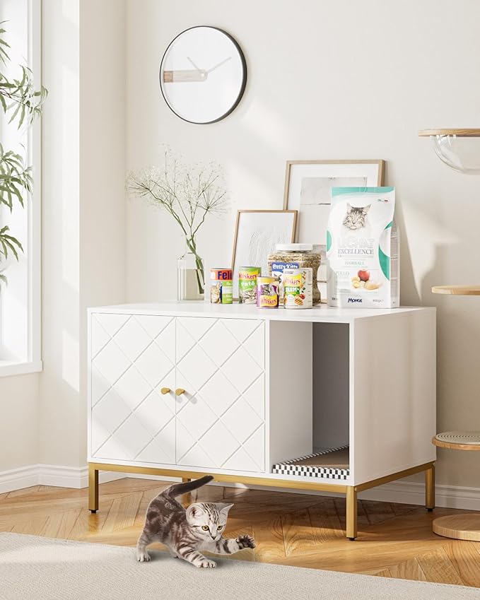 Cat Litter Box Enclosure, Modern Hidden Litter Box Furniture with Scratching Pad, Wooden Cat House Cabinet with Gold Metal Legs, Fit Most of Litter Box, White