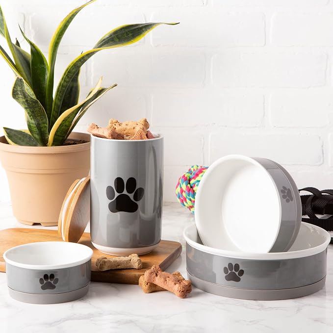 Bone Dry Ceramic Bone & Paw Pet Collection, Dishwasher Safe, Treat Jar, 4x6.5", Gray