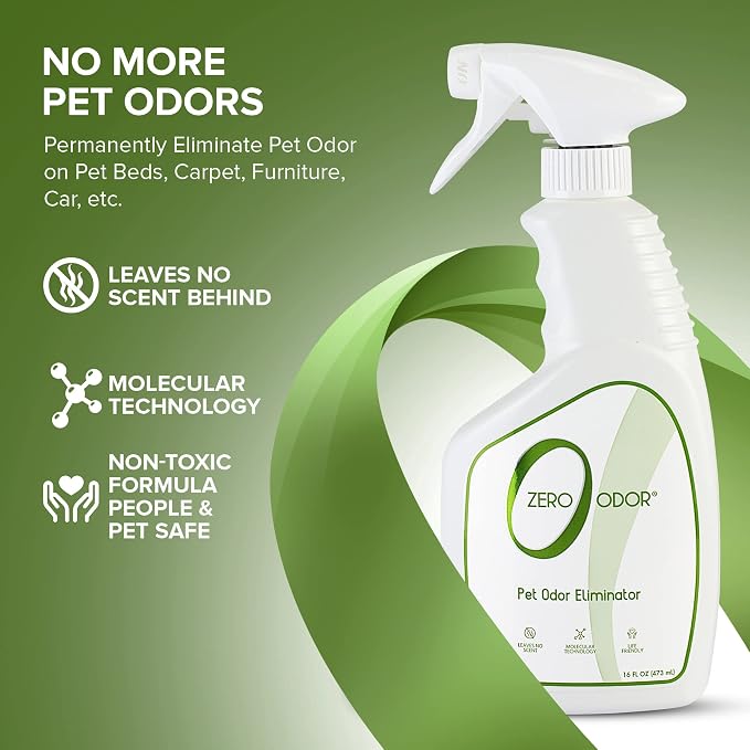 Zero Odor - Pet Odor Eliminator Bundle- Eliminate Air & Surface Odors – Patented Molecular Technology Best for Carpet, Furniture, Pet Beds - Smell Great Again, 16oz & 64oz Refill