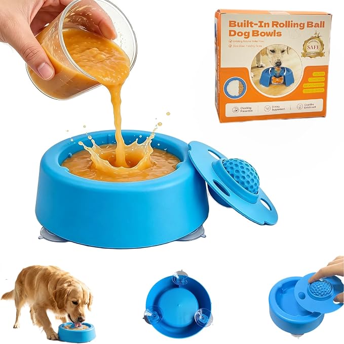 Lick and Roll Bowl,Slow Feeder Lick Bowls for Dogs, Dog Lick Bowl with Ball, Dog Licking Toy for Wet Food、 Water、 and Snacks, Suitable for Large to Small Dogs、 Cats、 Puppies、and Pets（Blue.