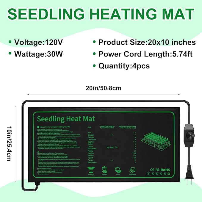Ganeen 4 Pack Seedling Heat Mat for Seed Starting with Temperature Adjustable Knob 10" x 20" Waterproof Heating Pad for Plant Hydroponic Heating Pad Durable Germination Warm Mat for Indoor Home Garden