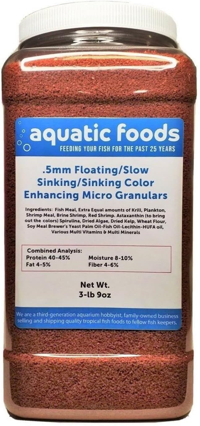.5mm Floating/Slow Sinking/Sinking Color Enhancing Micro Granules for Discus, Cichlids All Tropicals, Koi and Pond Fish…3-lb & 9oz Lg Jar