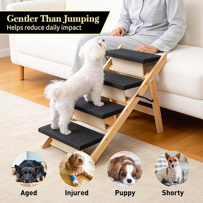 BRIKY 2-in-1 Dog Stairs/Ramp with 4 Steps, Foldable Dog Stairs for High Beds Cars Couch, Durable Wooden Pet Stairs for Small Medium Large Dogs, No Assembly Required