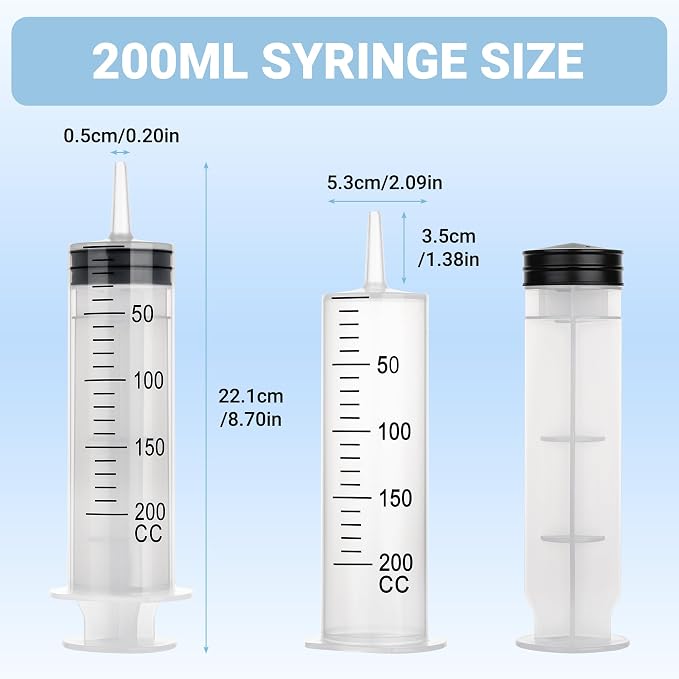 200ml Large Syringe, Plastic Syringe with Tip Adapter, for Scientific Labs, Measuring, Watering, Refilling, Filtration Multiple Uses, Individual Sealed, 5 Pack