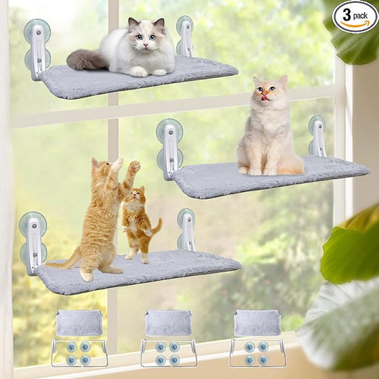 L&W BROS. 3Pc Heavy Duty Cat Window Perch, 50lb Load Foldable Hammock with Strong Suction Cups, Window Bed for Large & Multiple Cats (M 3Pc)