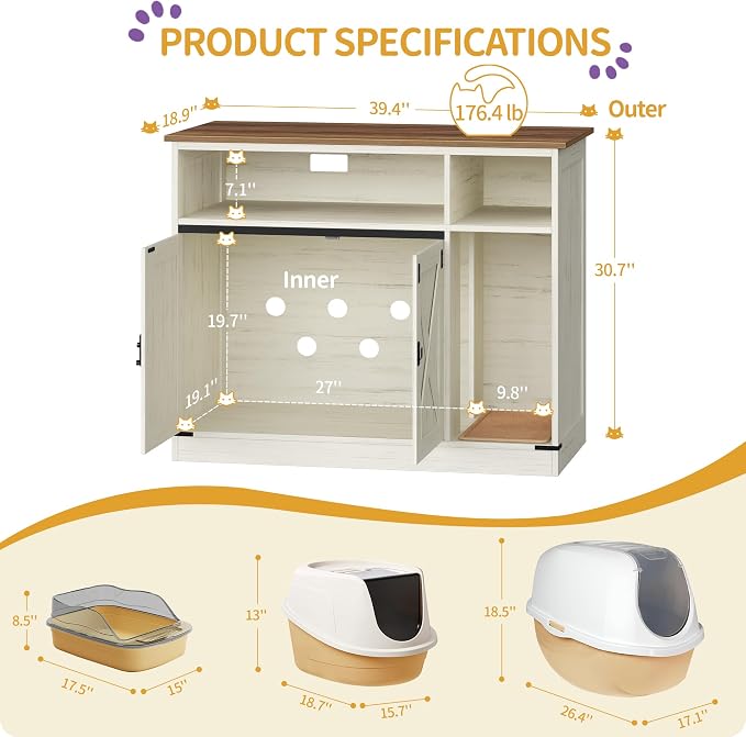 Hzuaneri Cat Litter Box Enclosure, Hidden Litter Box Furniture with Storage, Wooden Cat Cabinet with Scratch Pad, Farmhouse Cat Washroom, TV Stand End Table, Rustic Brown and White CB88614X