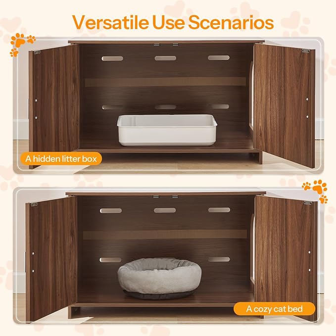 HOOBRO Farmhouse Cat Litter Box Enclosure, Hidden Litter Box Furniture with Side Entry & Vents, Litter Box Cabinet with Double Woven Doors, Side Table for Living Room, Bedroom, Walnut WL33MW01