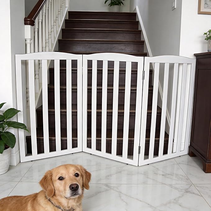 Freestanding Dog Gate Indoor,Doggie Gate Foldable Pet Gates for Doorways,Stairs or Hallways, Wooden White Pet Gate for the House, Pet Fence,32 "Height-3 Panels