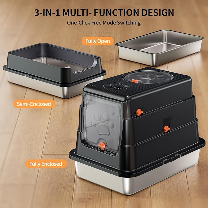 Stainless Steel Cat Litter Box with Lid, Small Enclosed Metal Litter Pan with High Sides, Full Flip Cover Litter Box for Kittens, Include Scoop & Step, Leak Proof Easy Clean Odor Control, Black