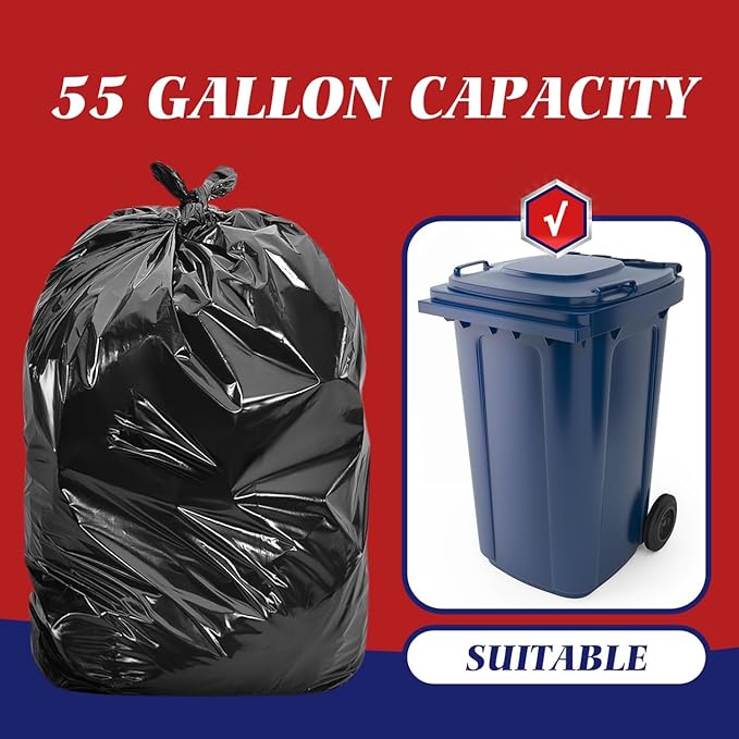 Teivio Trash Bags, 55-60 Gallon, 60 Count, Black, for Bathroom, Office, Industrial, Commercial, Janitorial, Municipal, Recycling