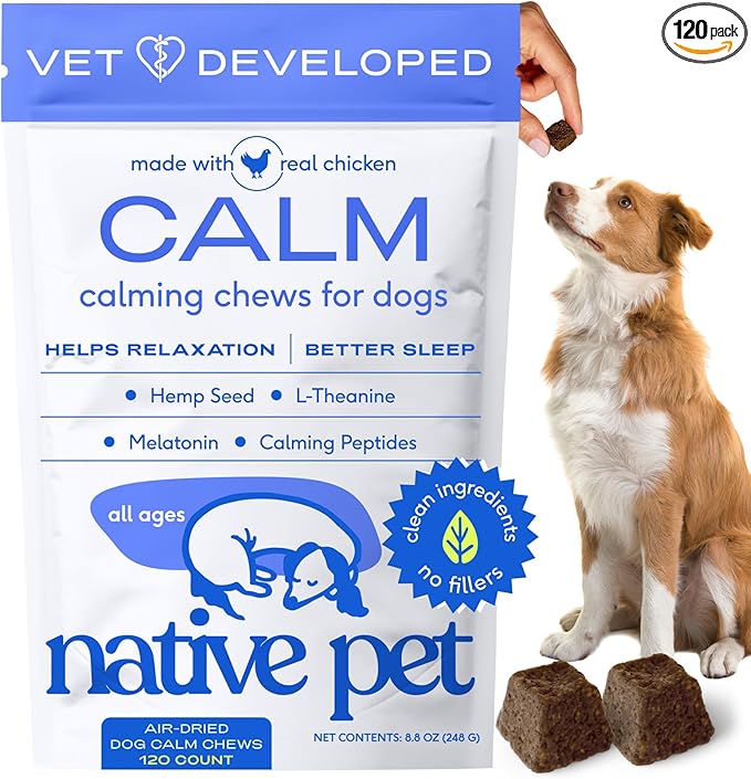 Native Pet Calming Chews for Dogs - Promotes Calming Effect, Supports Emotional Balance & Reduces Hyperactivity - Hemp Seed, Melatonin for Dogs, L-Theanine & Casein - Air-Dried 120 Chews