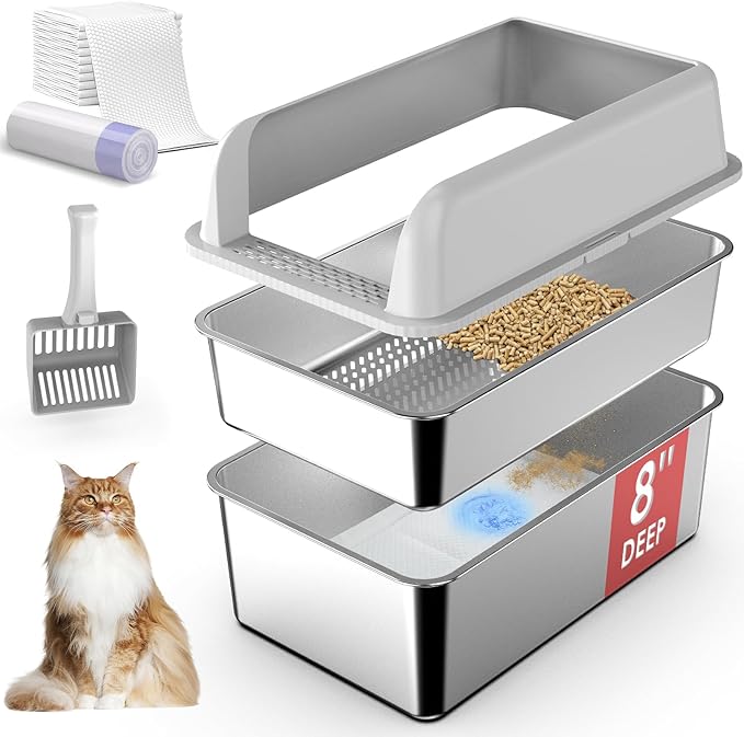 8" Deep Stainless Steel Sifting Litter Box for Pine Pellets, XL Stainless Steel Litter Box with Lid, Removable & Anti-Leakage, High Sides Metal Cat Litter Boxes for Big Cat, Non-Sticky, Easy Cleaning