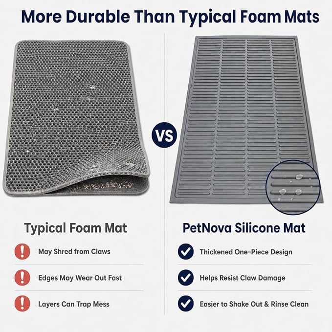 Durable Cat Litter Mat: Fewer Holes Edge Tears & Replacements | Large Thickened Silicone Mat Tested with 1,000+ Scratch Motions