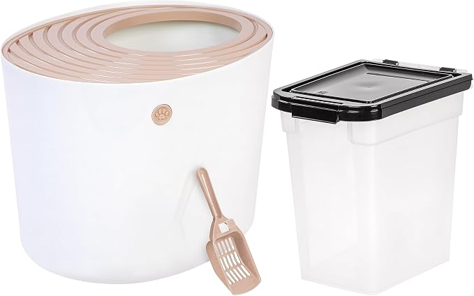 IRIS USA Large Round Top Entry Cat Litter Box with Scoop, White/Beige and 10 Lbs / 12.75 Qt WeatherPro Airtight Pet Food Storage Container set, Particle Catching Grooved Keep Pests Out, Clear Black