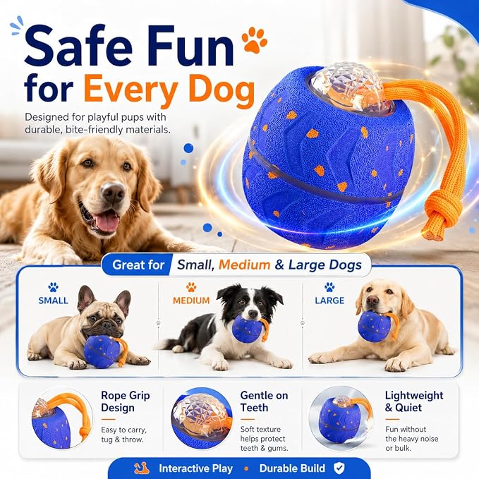 Smart Dog Ball E-TPU Interactive Dog Ball, Automatic Rolling with LED Glow (Blue, Oval)