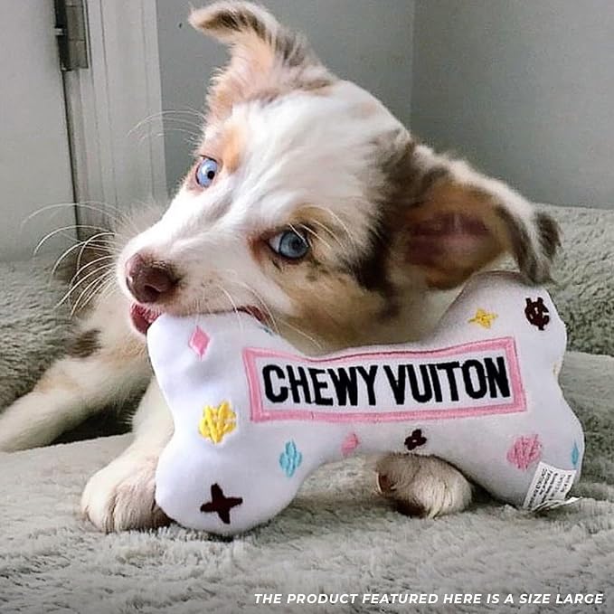 Haute Diggity Dog Chewy Vuiton Bone Plush Squeaky Dog Toy, Soft Durable Designer-Inspired Stuffed Puppy Chew Toys for Small & Medium Dogs, Machine-Washable (White) Large