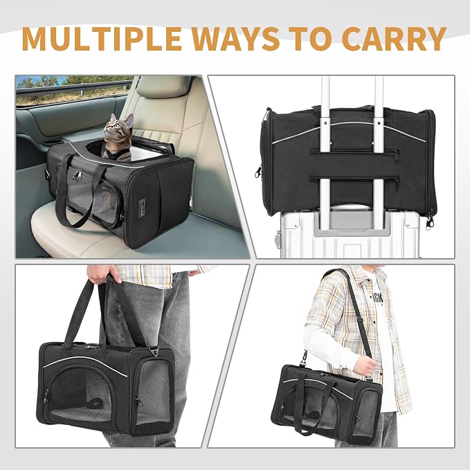 Petsfit Airline Approved Pet Carrier for Small Cats, 16.5x8.6x11 TSA Approved Carrier, with Removable Dual-Sided Padding (2-Way Placement) - Fits Under Most Airplane Seats, Escape Proof (Black)