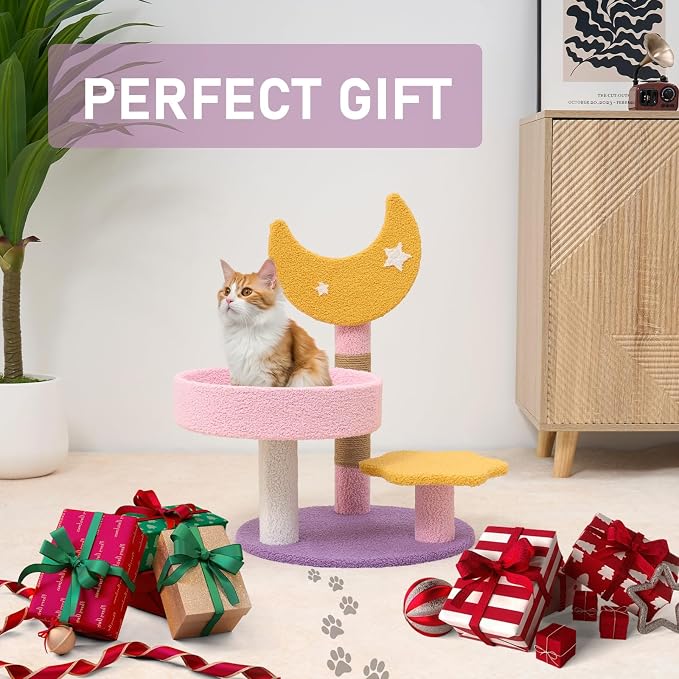 Small Cat Tree, Moon Star Cat Tree Built-in Scratching Post and Bed, 23.5 in Purple Pink Cute Kitten Tower Cozy Fluffy Kitten Condo for Indoor Activity