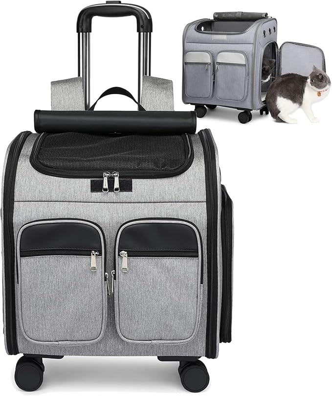 Pet Travel Carrier with Removable Rolling Wheels, Cat Rolling Carrier Backpack Pet Stroller Luggage Bag for Dogs Cats Puppy,Mesh Ventilation Windows, 2 Storage Pockets,Telescopic Handle