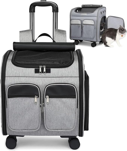 Pet Travel Carrier with Removable Rolling Wheels, Cat Rolling Carrier Backpack Pet Stroller Luggage Bag for Dogs Cats Puppy,Mesh Ventilation Windows, 2 Storage Pockets,Telescopic Handle