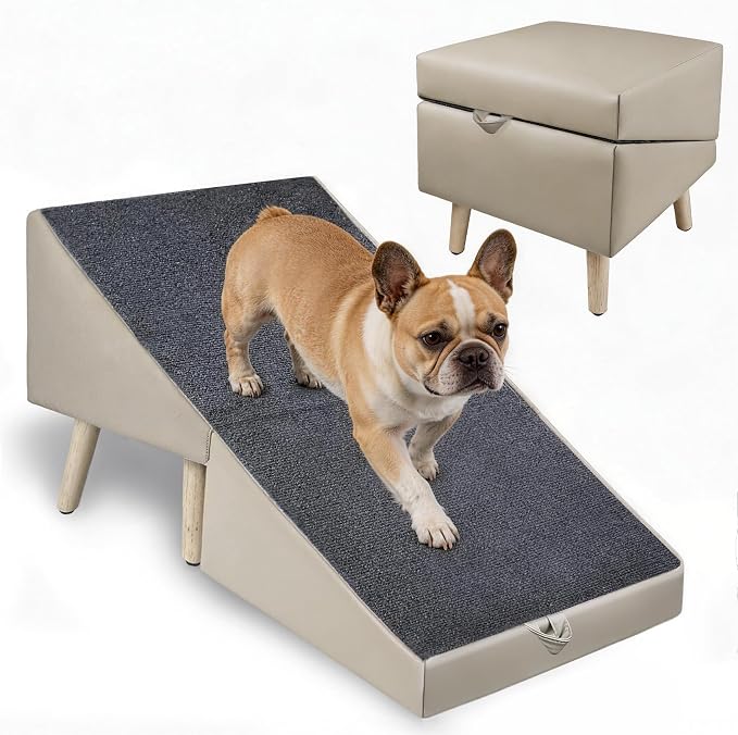 Ottoman Dog Ramp, Dog Stairs for Small Dogs, 2-in-1 Foldable Pet Steps & Ottoman, Non-Slip Wooden Ramp for Couch & Bed, Pet Stairs for Puppy, Senior & Injured Dogs Gray