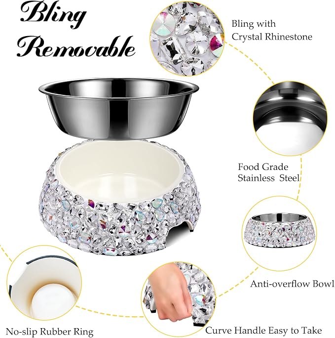 SlowVibes Bling Stainless Steel Dog Bowls,18oz Removable Diamond Metal Food Water Bowl for Feeding Dogs,Rust Resistant Non-Slip Puppy Dish,Sparkle Rhinestone Essentials for Medium Large Girl Pets