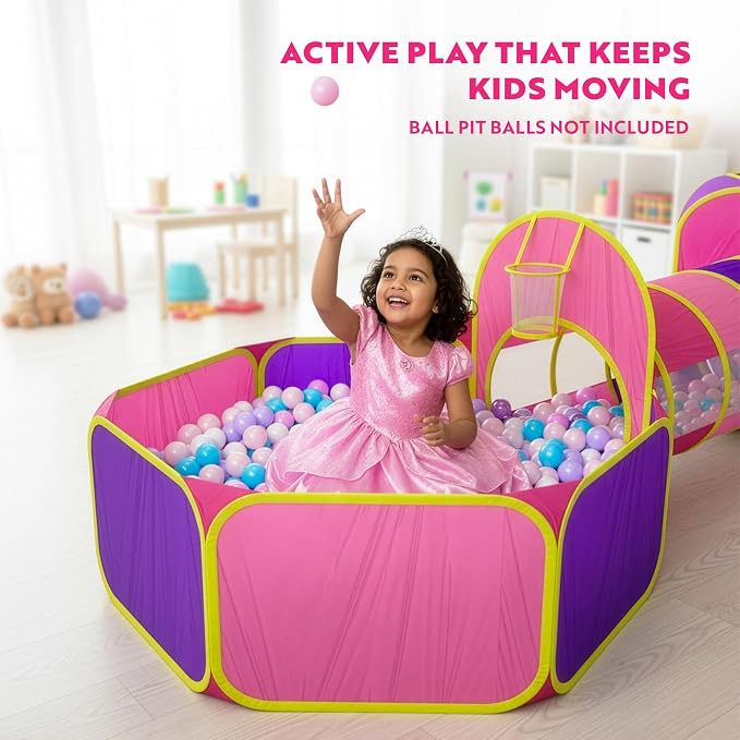 Playz 5pc Kids' Play Tents & Tunnels - Ball Pit for Toddlers, Basketball Hoop, Crawling Tubes, Pop-Up Playhouses, Baby Obstacle Course for Indoor or Outdoor Use
