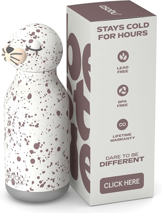 asobu Bestie Bottle Insulated Stainless Steel Water Bottle with Detachable Soft Animal Head Fun Drinking For Kids and Teens with Flexible Reusable Straw 16 Ounce (Seal White)