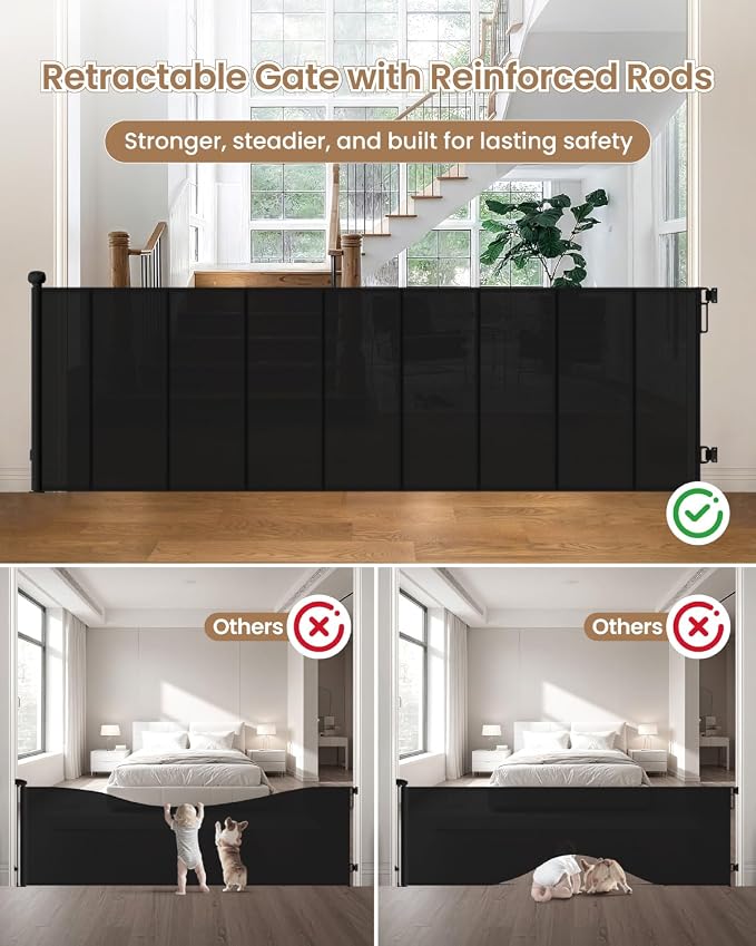 Retractable Baby Gate Extra Wide, 100" Wide Reinforced Mesh Pet Gate with 8 Support Rods, 34" Tall Extra Long Dog Gate for Family Rooms, Open Living Areas and Play Areas, Black