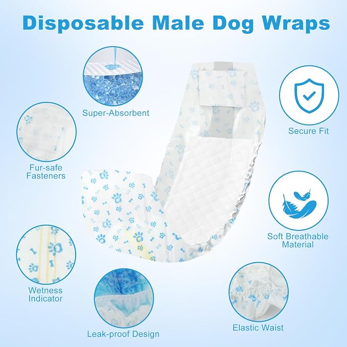 Disposable Dog Diapers Male 96 Count Belly Bands for Bale Dogs (Waist 15.8-20 in M) Super Absorbent Small Doggie Diapers for Heat Excitable Urination or Incontinence - Blue