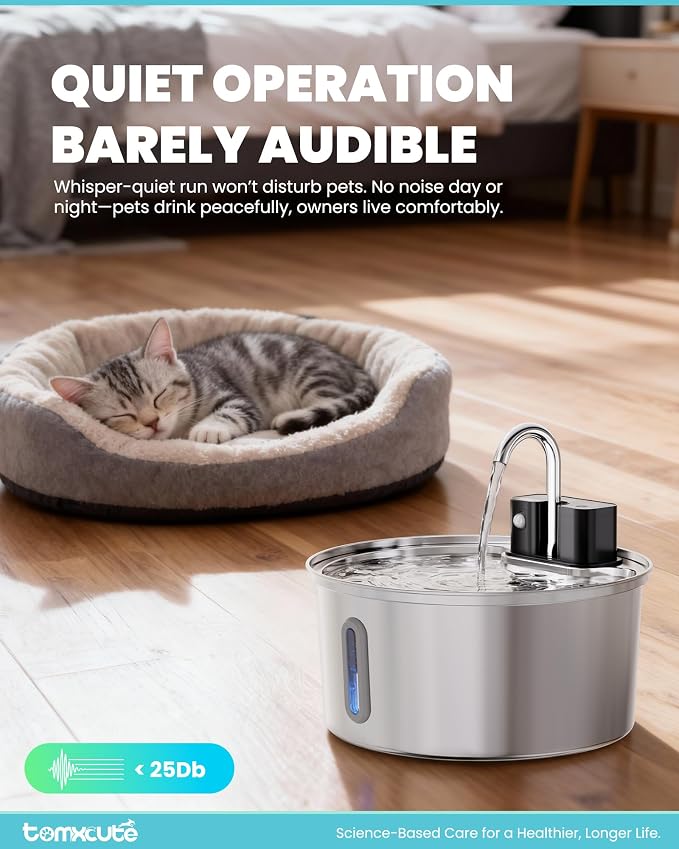 Tomxcute Wireless Cat Fountain-108oz Cordless Automatic Battery Operated | Quiet Pump Stainless Steel Pet Fountain with 3 Smart Water Supply Modes Rechargeable Water Dispenser for Cats, Dogs, Pets