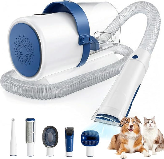 DUMOS Pet Grooming Vacuum Kit, 3 Adjustable Suction Modes Dog Clipper, 5 Professional Grooming Tools with Low Noise Cat Hair Clippers, 2.5L, Blue & White