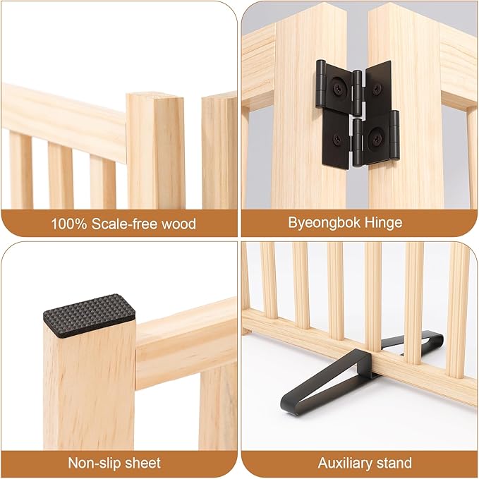 YOCAN Non-Painted Wooden Freestanding Dog Gates for The House, Doorways, Stairs,Wood Pet Fences Indoor Pet Gate,Step Over Fence-5 Panels L:115" H:23"
